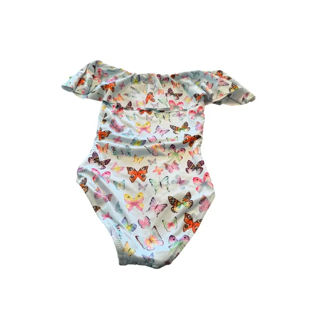 Stella Cove Girls Ice Blue Butterflies Print Off Shoulder Swimsuit Size 2 Year